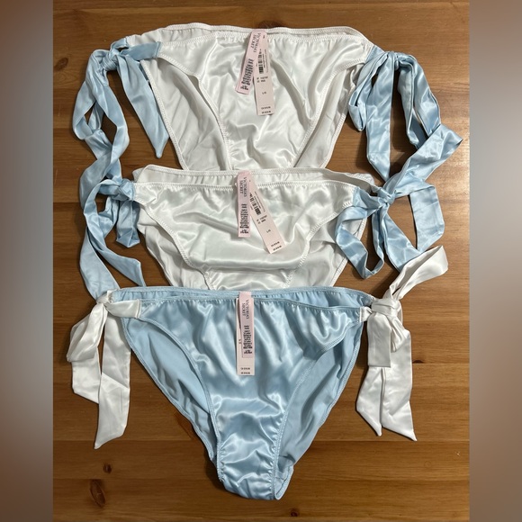 Victoria’s Secret Bridal panty pack of 3 satin tie panties in white and blue - Picture 2 of 10